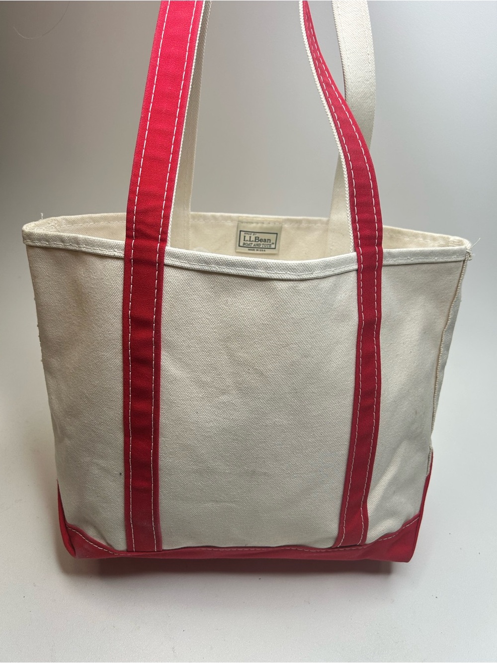 Vintage 90’s LL BEAN Boat and Tote Bag Large Ivory Red Stiff Canvas USA